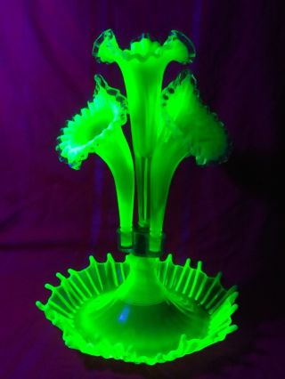 Fenton L.  G.  Wright Vaseline Glass,  4 Lily Epergne,  16 1/2 " Tall