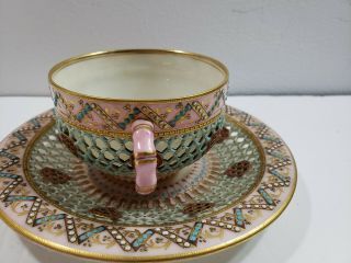 Royal Worcester Reticulated Dbl Walled Enameled Jeweled Tea Cup & Saucer 1860 ' s 2