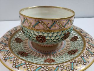 Royal Worcester Reticulated Dbl Walled Enameled Jeweled Tea Cup & Saucer 1860 ' s 3