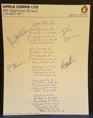 The Beatles Band Members Signed Autographed " Love Me Do " Lyrics Apple Corps Ltd