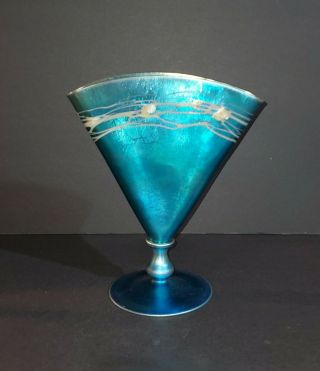 9 inches Carder era Steuben 6297 Leaf & Vine Blue Aurene Fan Vase at 3