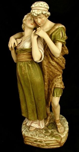 Huge Royal Dux Figural Group Porcelain The Lovers 19 Inches Tall C.  1880