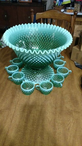 Rare Green Hobnail Punch Bowl And 12 Cups All