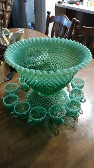 RARE GREEN HOBNAIL PUNCH BOWL AND 12 CUPS ALL 2