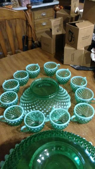 RARE GREEN HOBNAIL PUNCH BOWL AND 12 CUPS ALL 3
