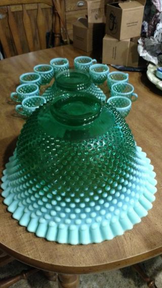 RARE GREEN HOBNAIL PUNCH BOWL AND 12 CUPS ALL 4