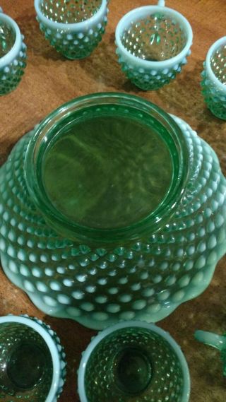 RARE GREEN HOBNAIL PUNCH BOWL AND 12 CUPS ALL 5