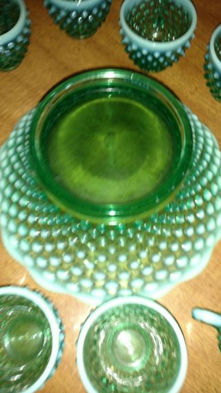 RARE GREEN HOBNAIL PUNCH BOWL AND 12 CUPS ALL 7