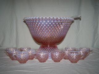 Fenton Rose Magnolia Pink Opalescent Hobnail Punch Bowl Set With 12 Cups & Ladle