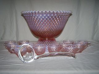 Fenton Rose Magnolia Pink Opalescent Hobnail Punch Bowl Set with 12 Cups & Ladle 2