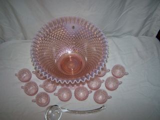 Fenton Rose Magnolia Pink Opalescent Hobnail Punch Bowl Set with 12 Cups & Ladle 3