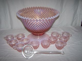 Fenton Rose Magnolia Pink Opalescent Hobnail Punch Bowl Set with 12 Cups & Ladle 4