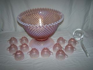 Fenton Rose Magnolia Pink Opalescent Hobnail Punch Bowl Set with 12 Cups & Ladle 5