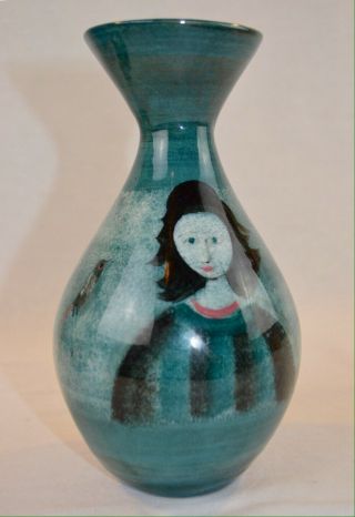 Polia Pillin Art Pottery Vase,  Woman W/ Bird Hourglass Shape Mcm