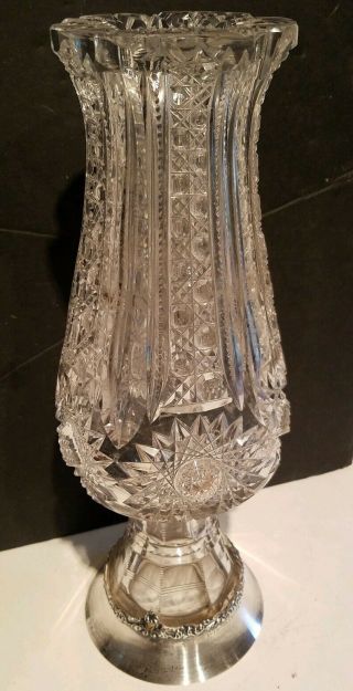 Antique Victorian Brilliant Cut Glass Vase & Sterling silver Floral Rim.  NR 10