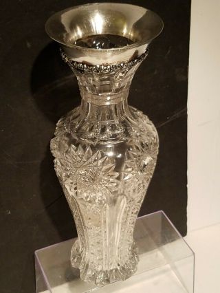 Antique Victorian Brilliant Cut Glass Vase & Sterling silver Floral Rim.  NR 3