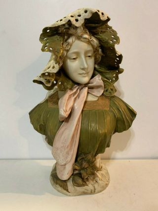 Antique Art Nouveau Royal Dux Porcelain Bust Of Woman In A Bonnet