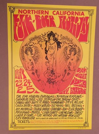 Jimi Hendrix Led Zeppelin Poster 1969 Northern Ca Folk Festival 1st Rare Vintage