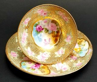 Nippon Gold Gilt Hand Painted Roses Turquoise Jeweled Moriage Cup Saucer