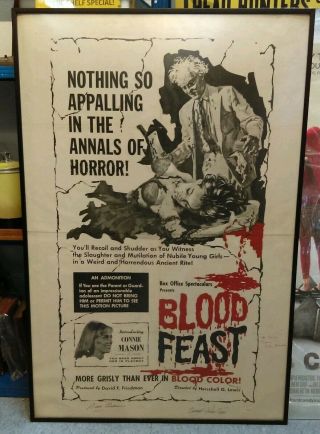 Signed Blood Feast 1963 One Sheet / Herschell Gordon Lewis