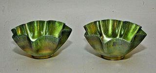 Pair Antique Lct Tiffany Favrile Art Glass Iridescent Green Candle Lamp Shades