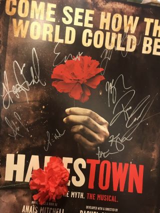 Hadestown Signed Poster Proof Reeve Carney Eva Noblezada Gray W/ Show Prop Rose