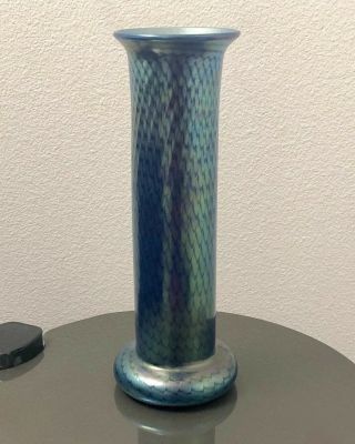 Lundberg Studios Tall Art Glass Vase Blue And Green Iridescent Signed 13”