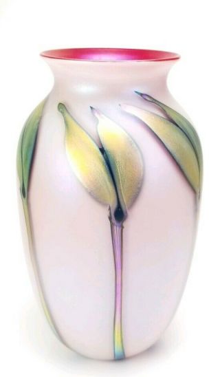 Early Charles Lotton 9 " Iridescent Opal Gold Floral Red Interior Art Glass Vase
