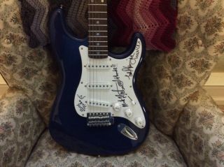 Fleetwood Mac X4 Group Signed Fender Squier Strat Guitar Blue And White