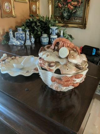 Fitz And Floyd Catch Of The Day Tureen W Platter Crab Lobster Coral Htf Rare
