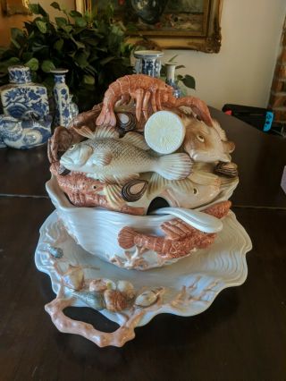 Fitz and Floyd Catch of the Day Tureen w Platter Crab Lobster Coral HTF RARE 2
