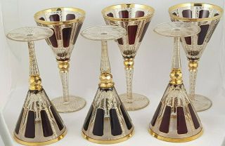 Six (6) Moser Czech Boho Ruby Red Cabochon Wine,  Champagne,  Water Glasses 8 - 1/2 "