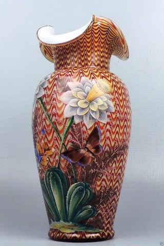 Large & Fine Stevens & Williams Enamel Decorated Northwood Pull Up Glass Vase Gl