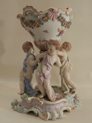 Rare 1st Quality Meissen Figurine 3 Putti Children holding Urn 6
