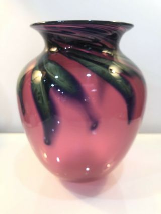 Charles Lotton Signed 9” Art Glass Translucent Vase Leaf Design 1985 Gorgeous