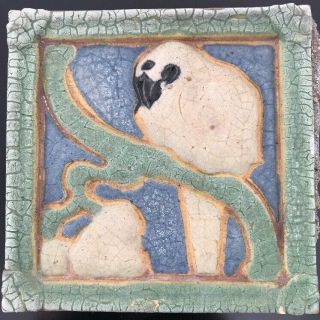 Grueby Pottery Rare White Parrot Tile Arts & Crafts Boston 6”