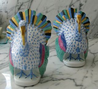 Herend Hand Painted Turkeys Hungary 2 Turkey Figurines Fish Scale Design