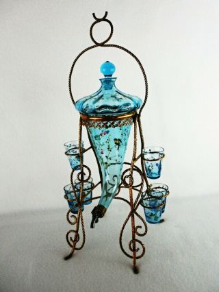 Rare 19th C Baccarat Enamelled Blue Glass Decanter Set W/ Ormolu Gilt Display