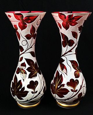 Antique Bohemian Cranberry Overlay Art Glass Vases Attributed To Moser