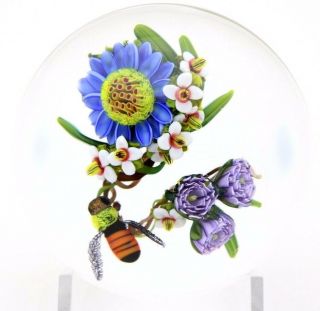 Dazzling Ken Rosenfeld Honey Bee & Wild Flowers Art Glass Paperweight