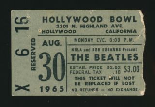 Beatles Rare 1965 Concert Ticket Stub For The Hollywood Bowl Concert