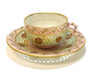 Royal Worcester Porcelain Double Walled Reticulated Overlay Cup & Saucer,  1875