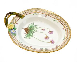 Royal Copenhagen Denmark Hand Painted Flora Danica Handled Dish Tray