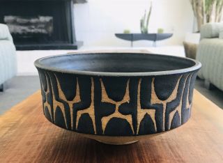 Clyde Burt Signed Pedestal Bowl Earthenware Ceramic Pottery Mid Century Mcm