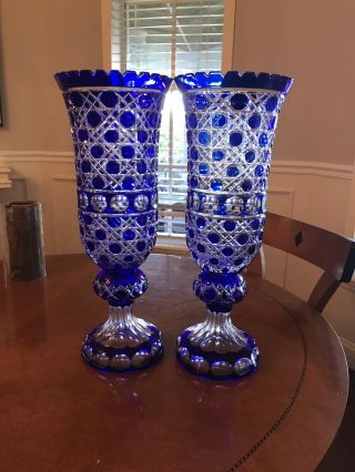 Pair Bohemian Crystal Art Glass Vase Cobalt Blue Cut 21” Heavy