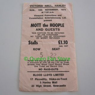Queen Mott The Hoople Support Act 1973 Victoria Hall Hanley Tour Concert Ticket