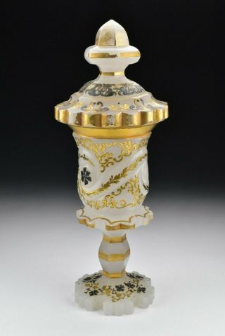 Bohemian Clambroth White Glass Pokal with Heavy Raised Gold & Silver 2