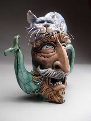 Face Jug Allergy Cat Teapot Folk Art Pottery sculpture by Mitchell Grafton 10