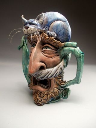 Face Jug Allergy Cat Teapot Folk Art Pottery sculpture by Mitchell Grafton 11
