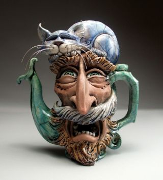 Face Jug Allergy Cat Teapot Folk Art Pottery Sculpture By Mitchell Grafton